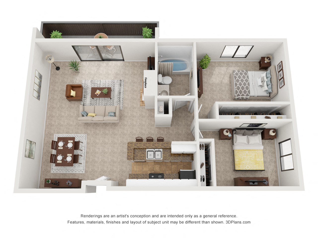 Floor plan for 2 beds, 1 bath, 762 sqft