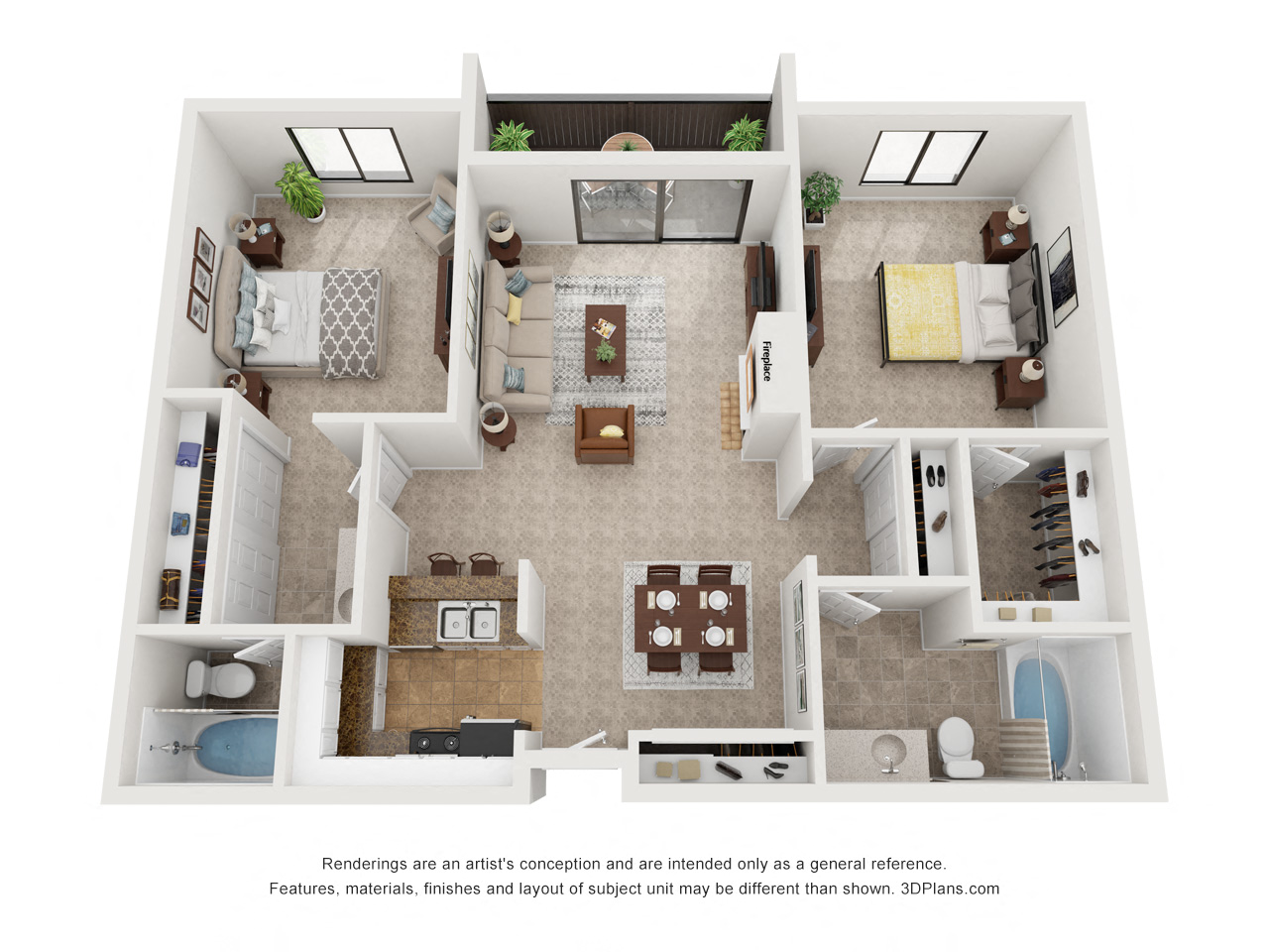 Floor plan for 2 beds, 2 baths, 953 sqft