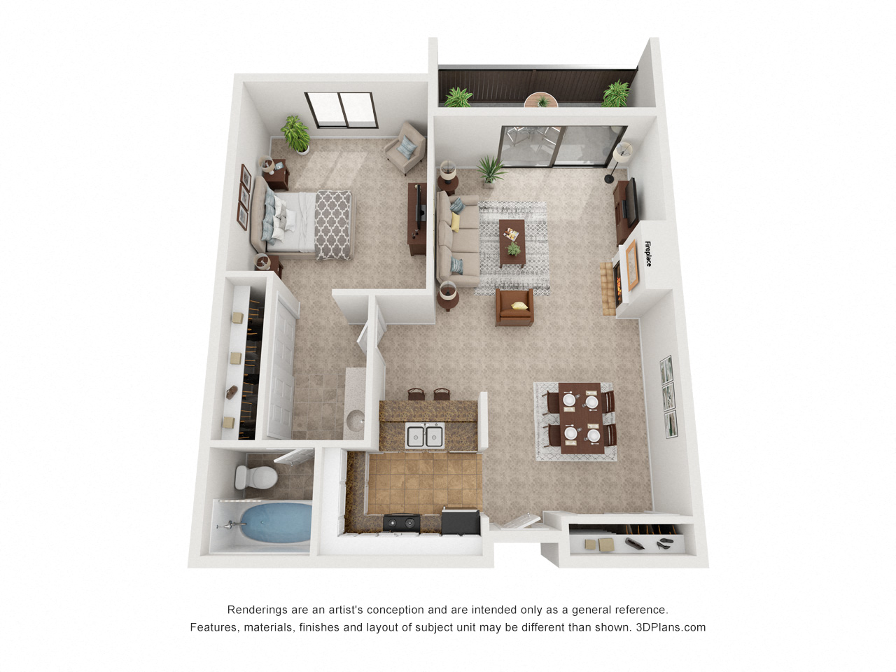 Floor plan for 1 bed, 1 bath, 623 sqft