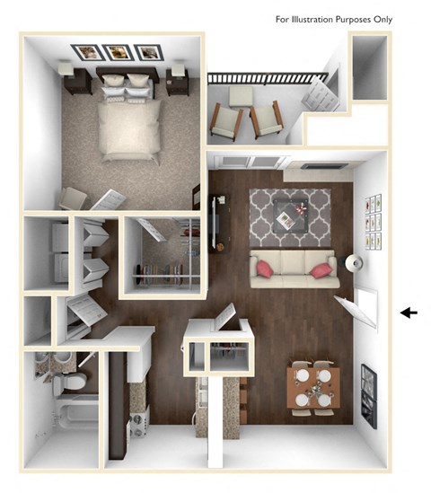 Floor plan for 1 bed, 1 bath, 650 sqft