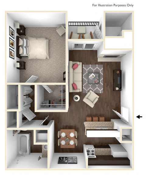 Floor plan for 1 bed, 1 bath, 750 sqft