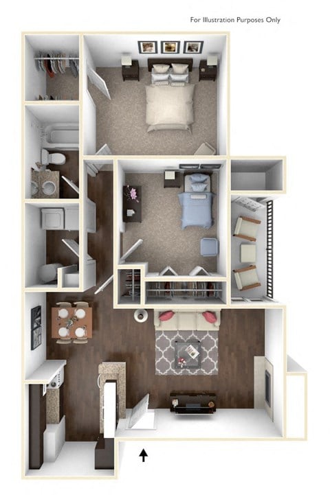 Floor plan for 2 beds, 1 bath, 850 sqft