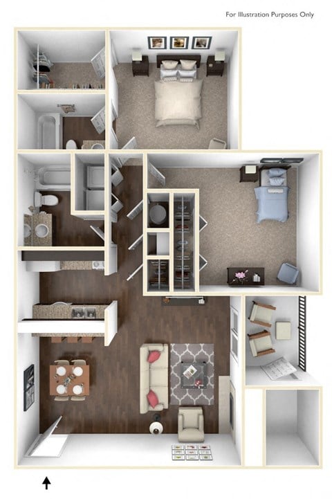 Floor plan for 2 beds, 2 baths, 930 sqft