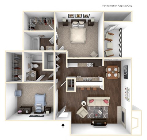 Floor plan for 2 beds, 2 baths, 1000 sqft