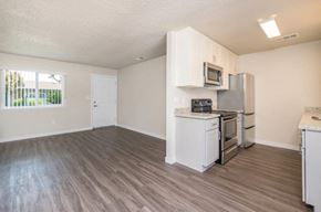 Manteca apartment for rent - View of living and kitchen area with wood look flooring, well lit window in living area, stone counters in kitchen, stainless appliances, and white cabinets.