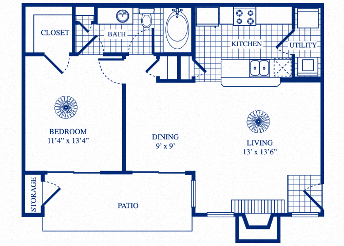 Floor plan for 1 bed, 1 bath, 734 sqft