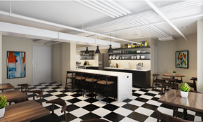 Brooklyn apartment for rent - a kitchen and dining room with a checkered floor and a bar with chairs