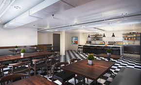 Brooklyn apartment for rent - a dining room with tables and chairs and a bar