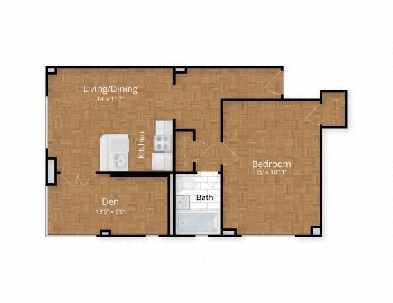 Floor plan for 1 bed, 1 bath, 763 sqft