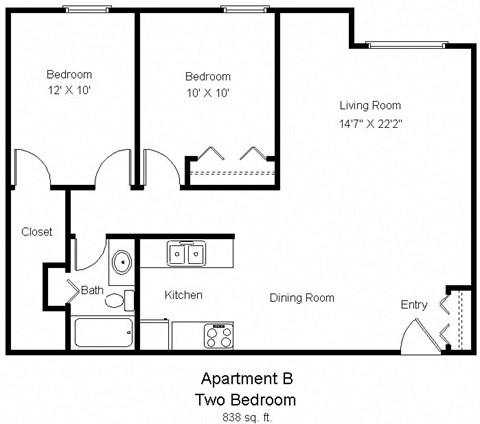 Floor plan for 2 beds, 1 bath, 838 sqft
