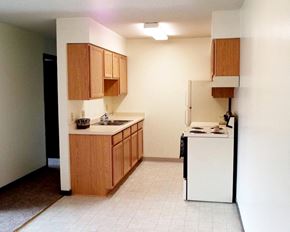 St Peter apartment for rent - A kitchen with wooden cabinets and a white dishwasher.