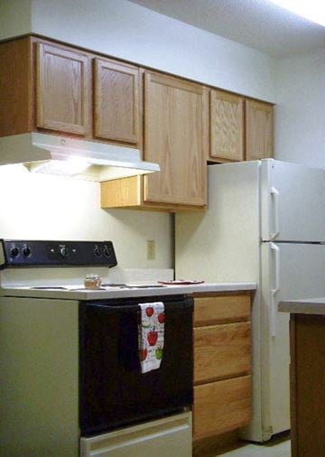 St Peter apartment for rent - A kitchen with a black stove top oven and a white refrigerator.