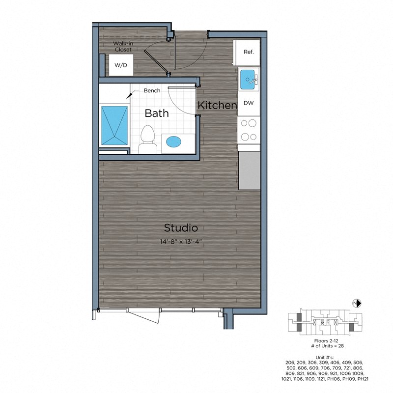 Floor plan for studio, 1 bath, 398 sqft