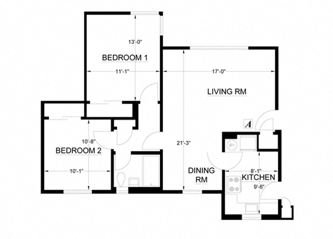 Floor plan for 2 beds, 1 bath, 781 sqft