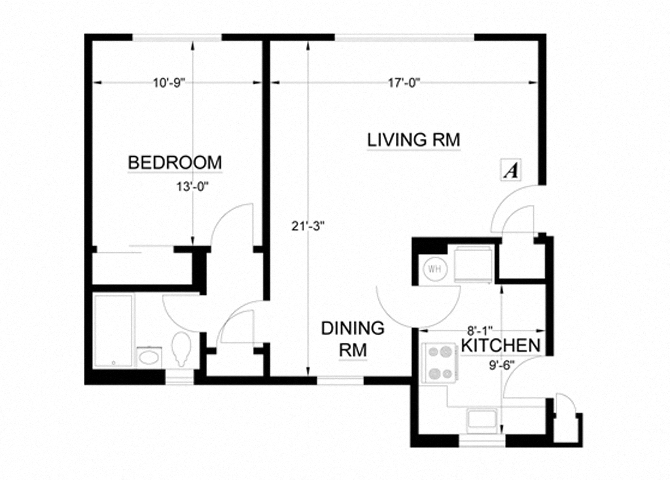 Floor plan for 1 bed, 1 bath, 633 sqft