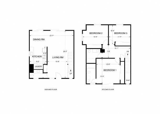 Floor plan for 3 beds, 3 baths, 1365 sqft