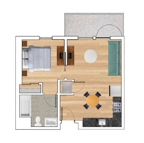 Floor plan for 1 bed, 1 bath, 595 sqft