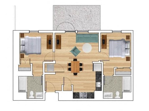 Floor plan for 2 beds, 2 baths, 958 sqft