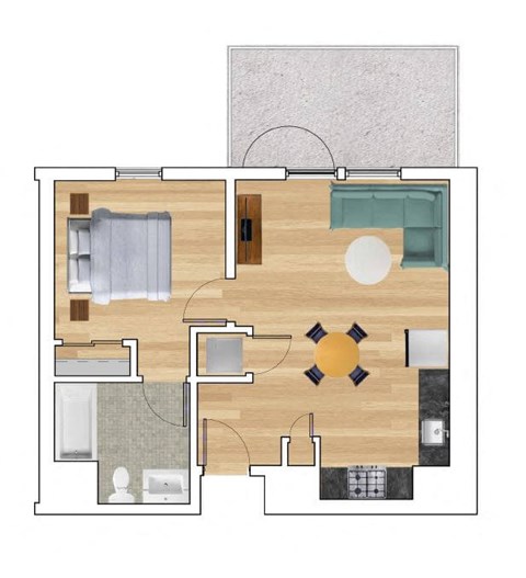 Floor plan for 1 bed, 1 bath, 615 sqft