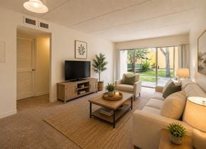 Tampa apartment for rent - A living room with a flat screen TV and a large window.