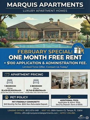 Tampa apartment for rent - A promotional poster for Marquis Apartments offering a free rent for February with an application and administration fee.
