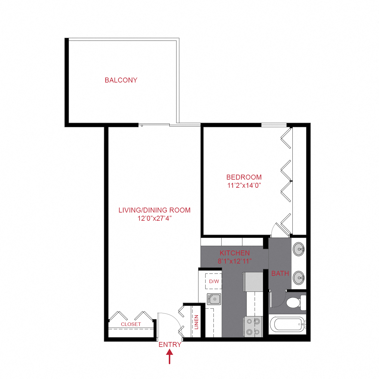 Floor plan for 1 bed, 1 bath, 675 sqft