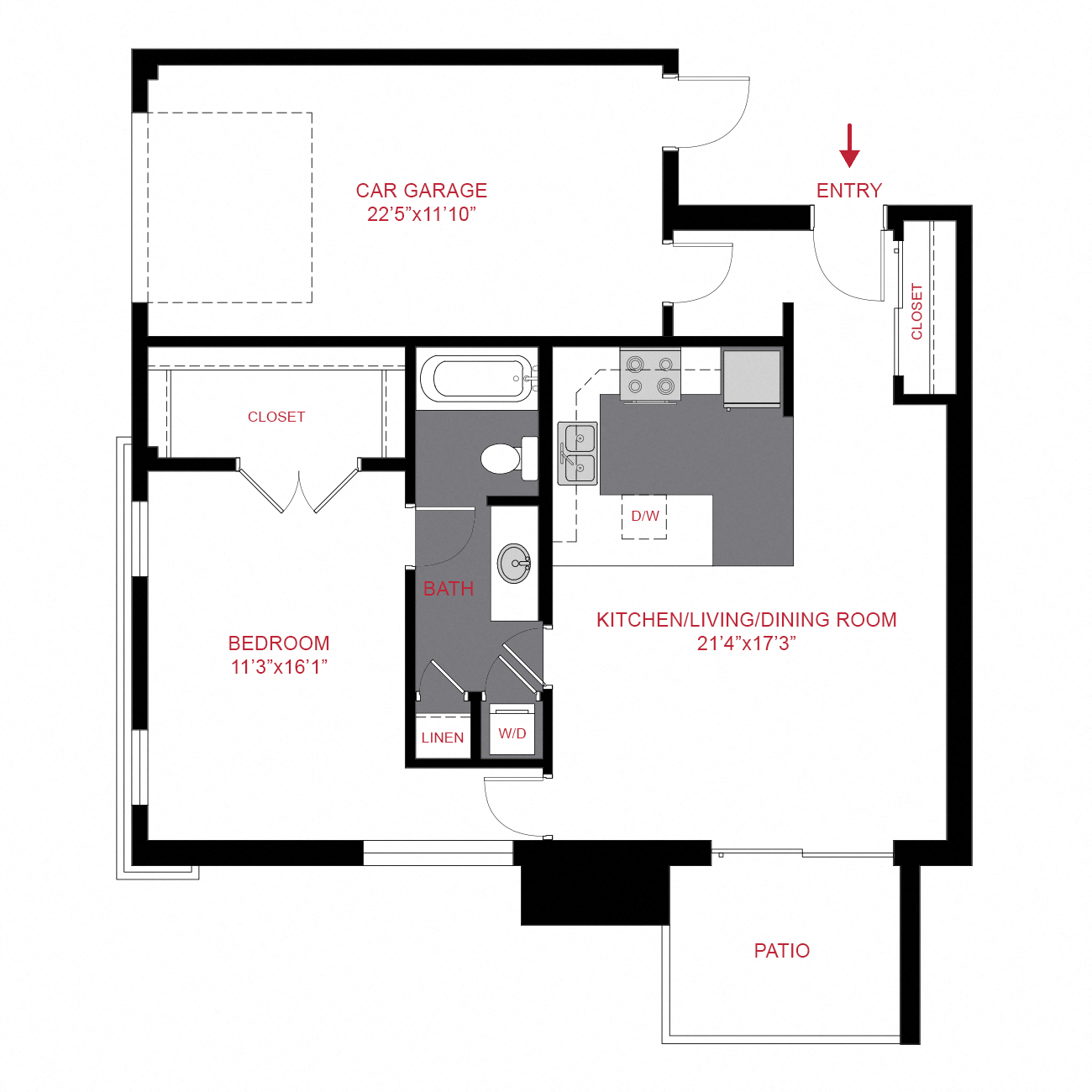 Floor plan for 1 bed, 1 bath, 893 sqft