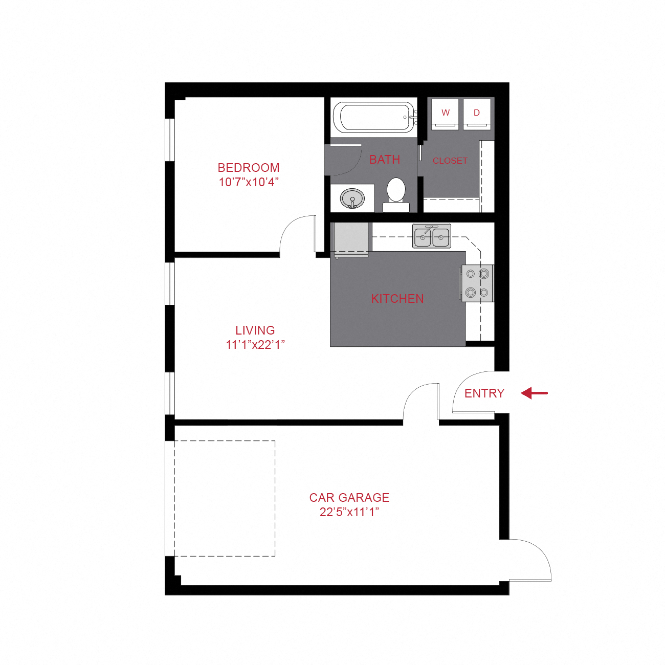 Floor plan for 1 bed, 1 bath, 544 sqft