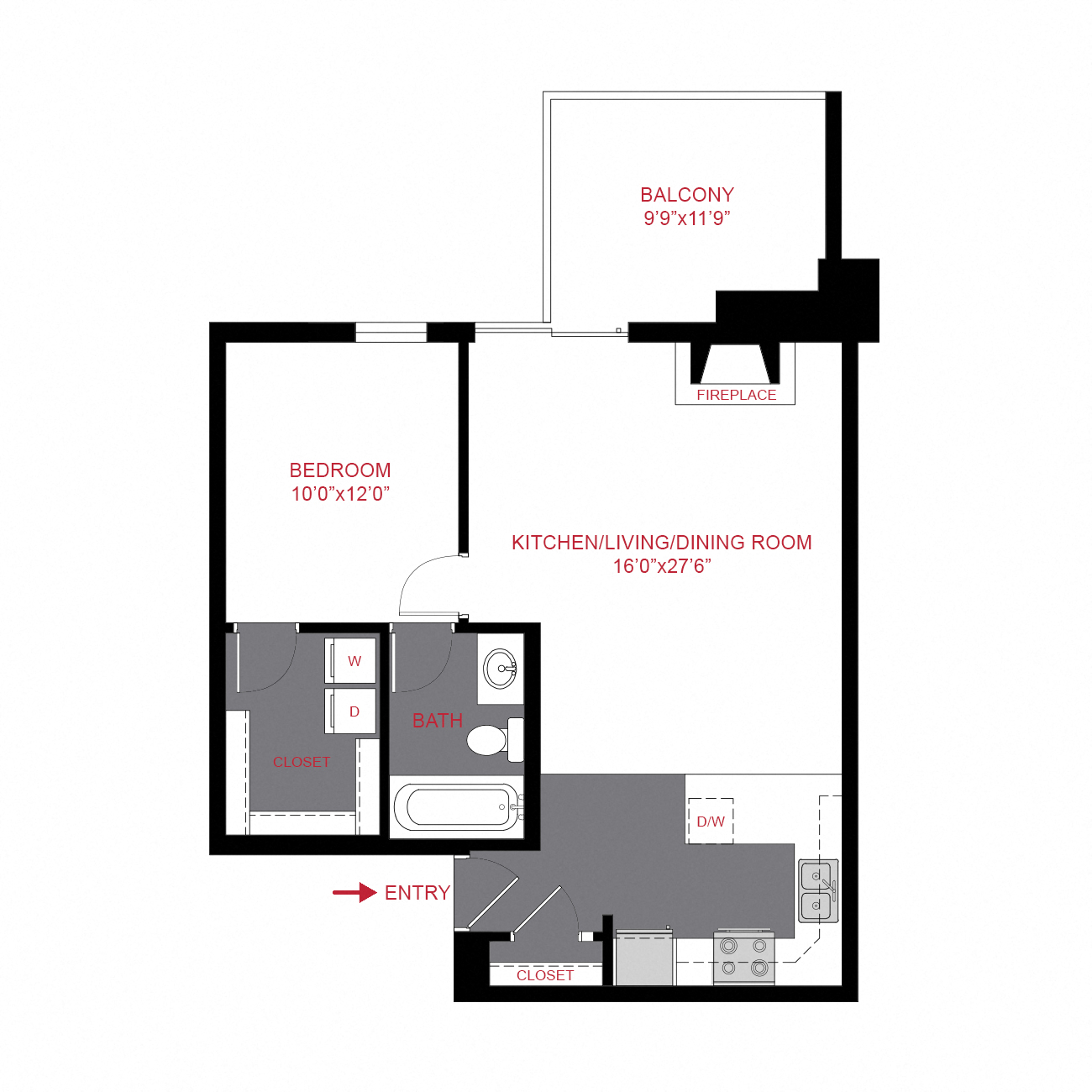 Floor plan for 1 bed, 1 bath, 702 sqft