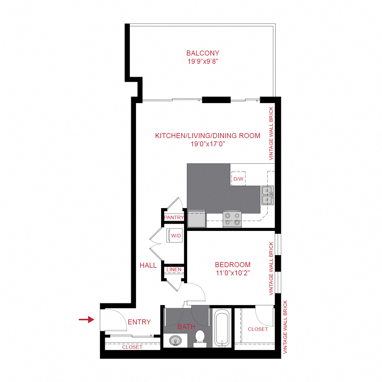 Floor plan for 1 bed, 1 bath, 718 sqft