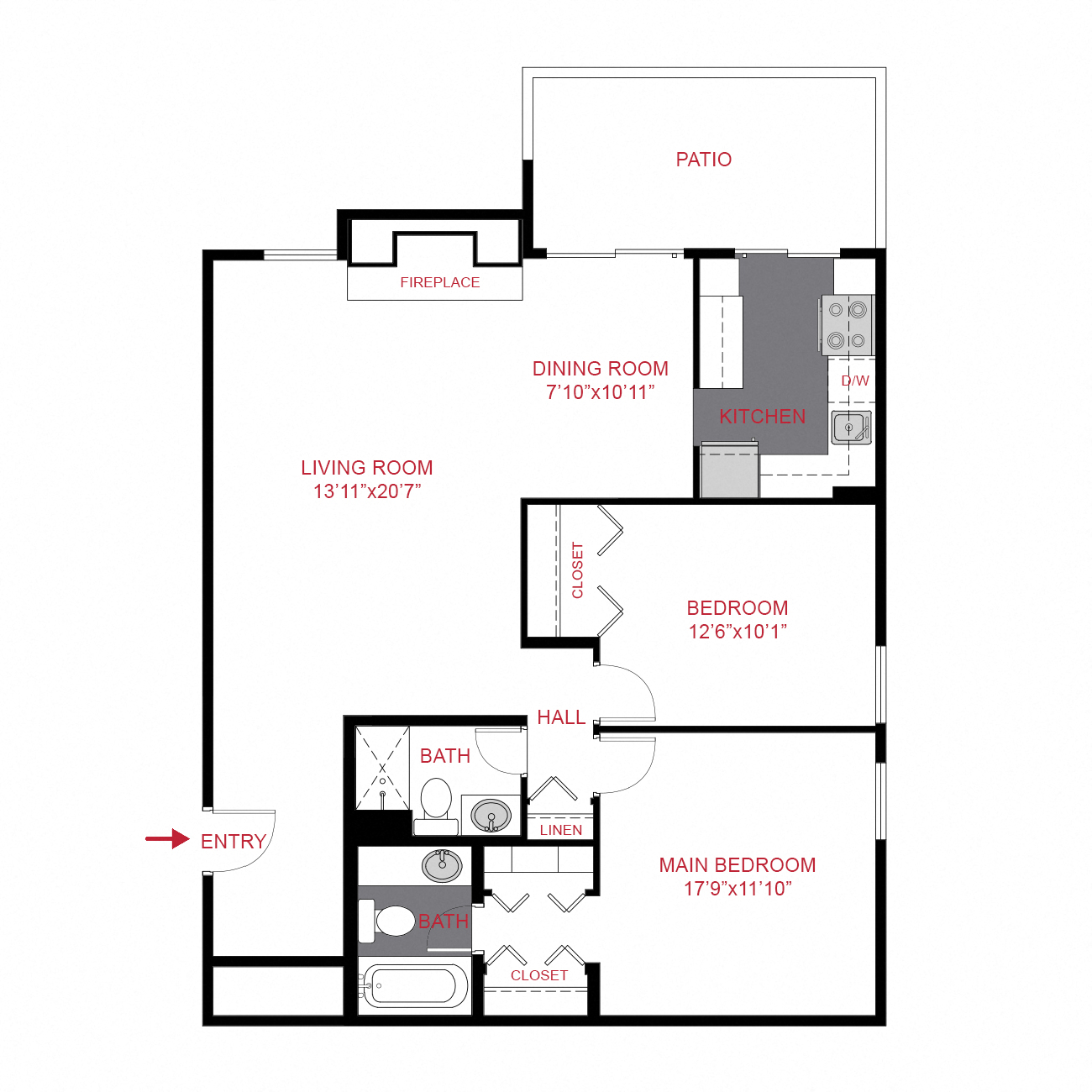 Floor plan for 2 beds, 2 baths, 990 sqft