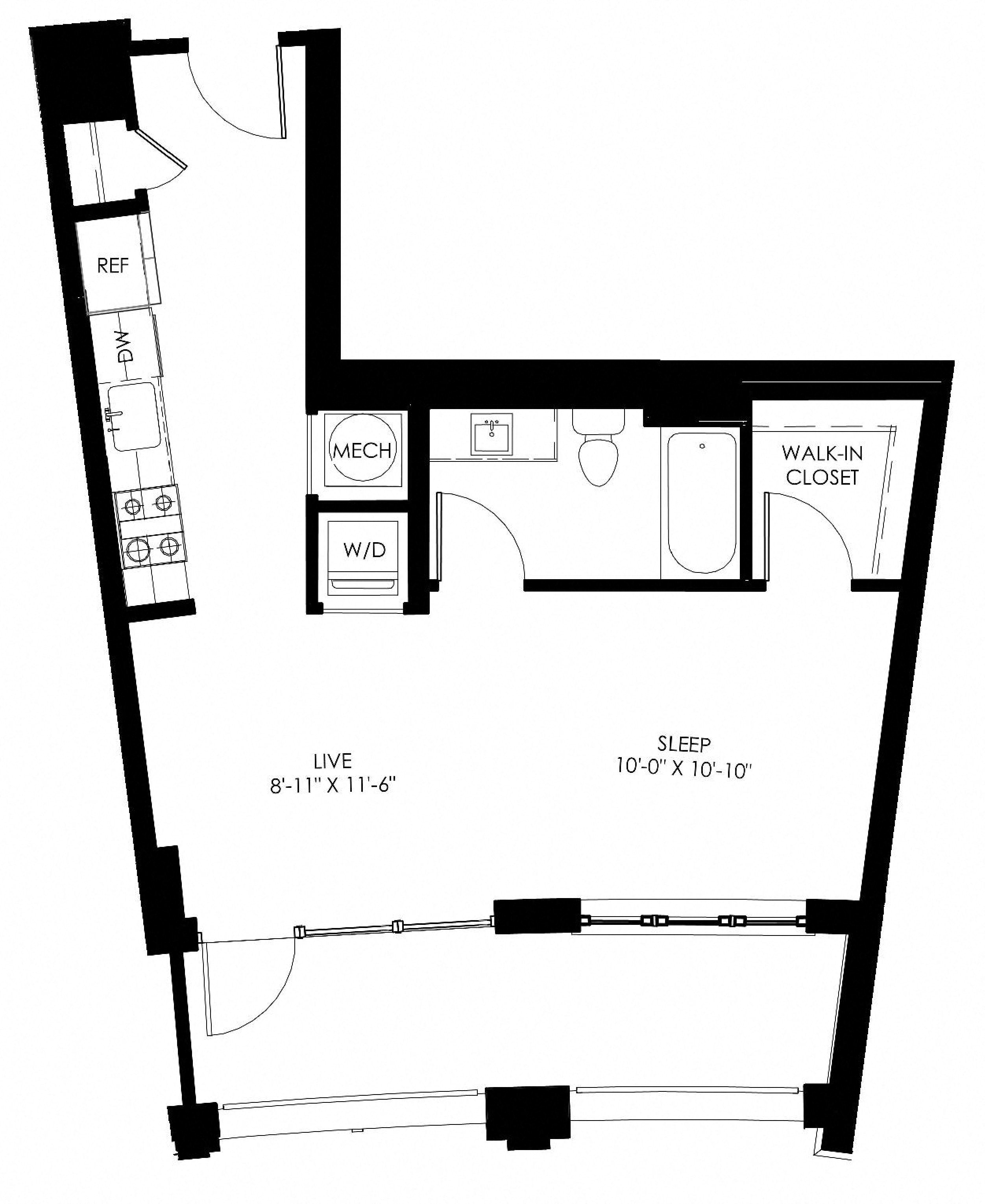 Floor plan for studio, 1 bath, 540 sqft
