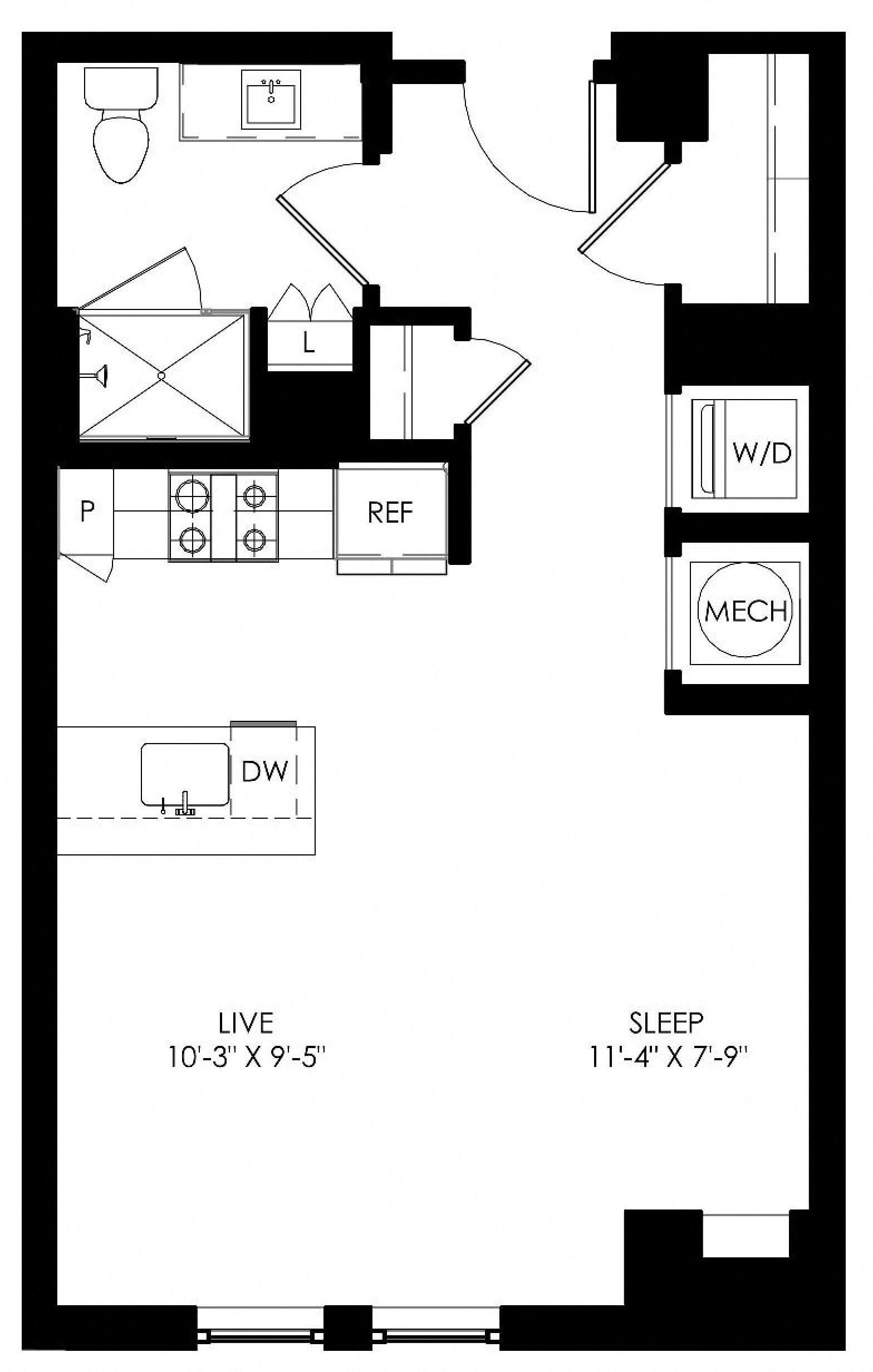 Floor plan for studio, 1 bath, 537 sqft
