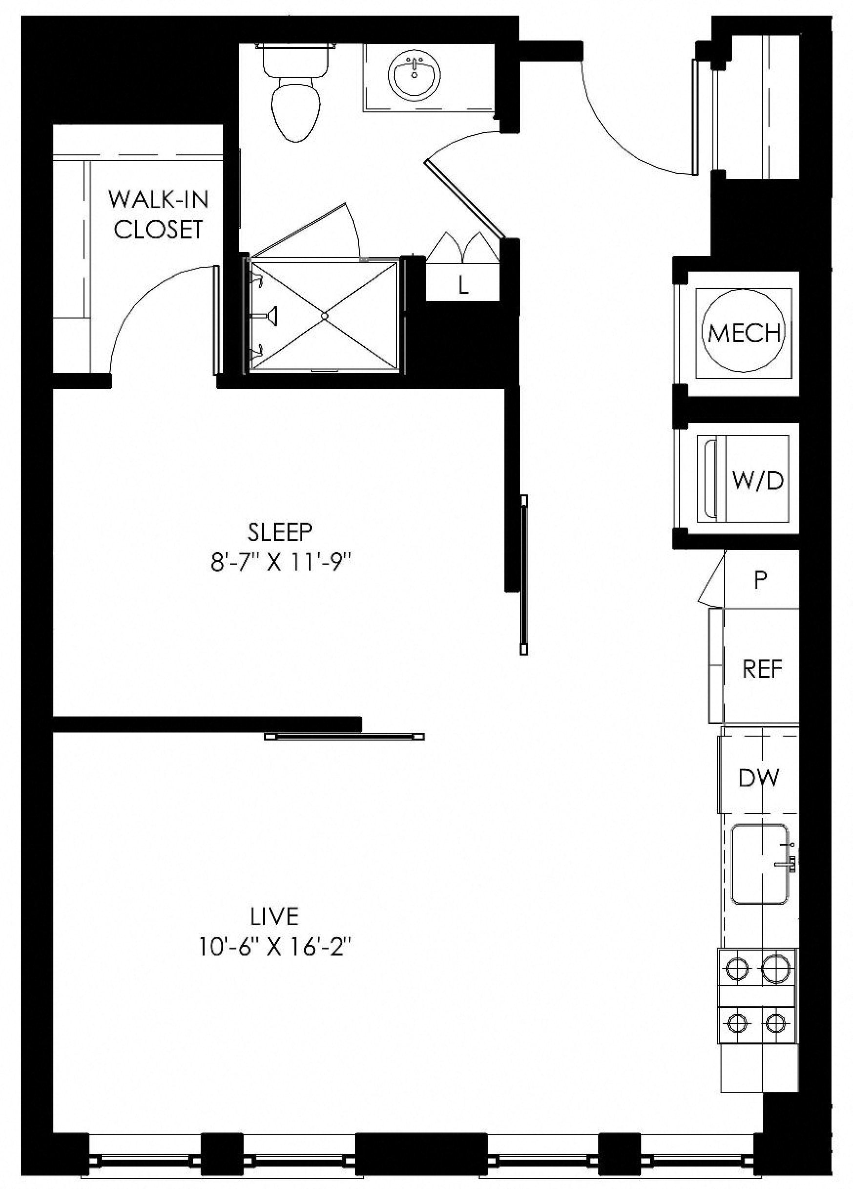 Floor plan for studio, 1 bath, 604 sqft