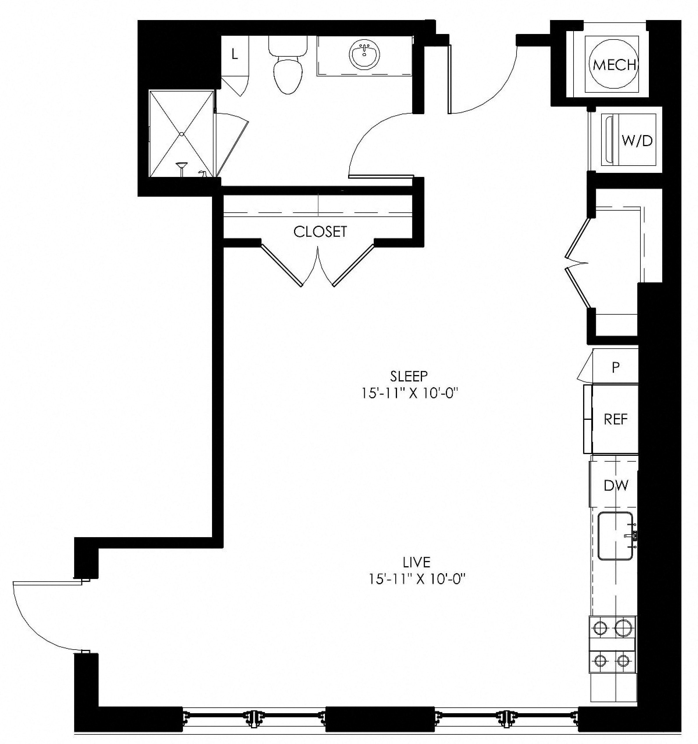 Floor plan for studio, 1 bath, 695 sqft