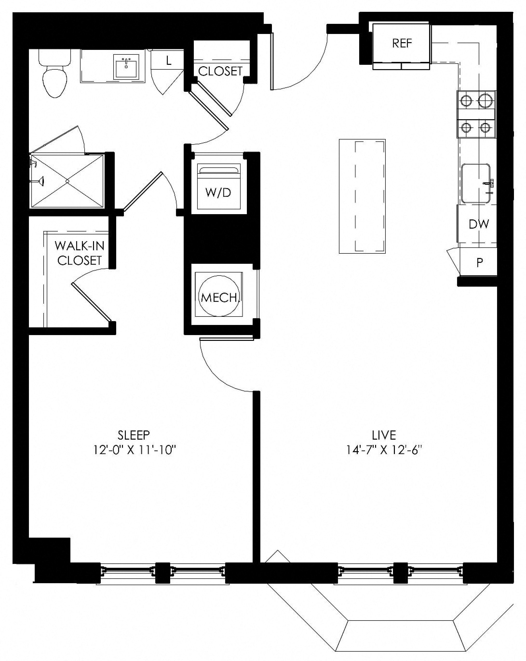 Floor plan for 1 bed, 1 bath, 762 sqft