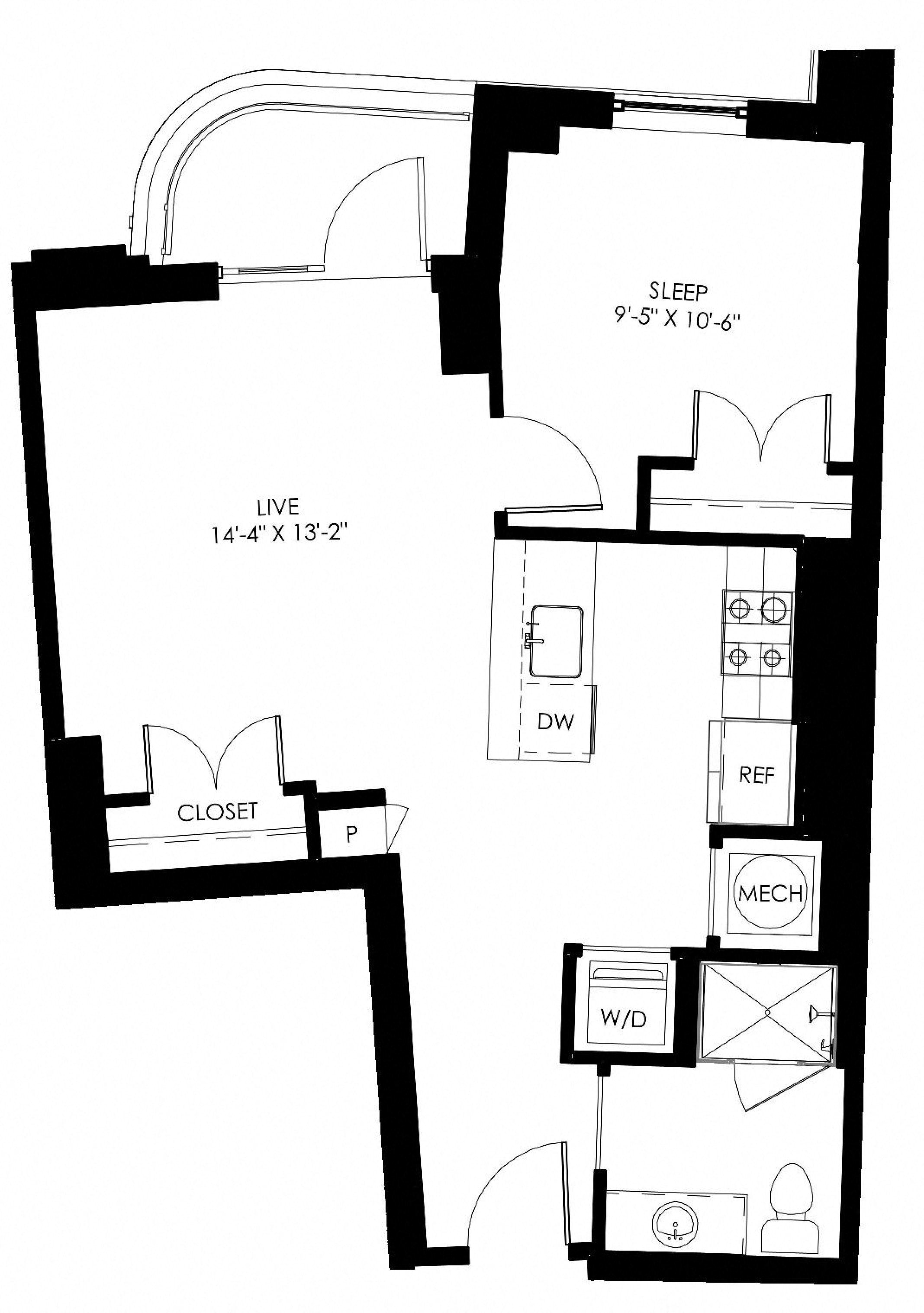 Floor plan for 1 bed, 1 bath, 653 sqft