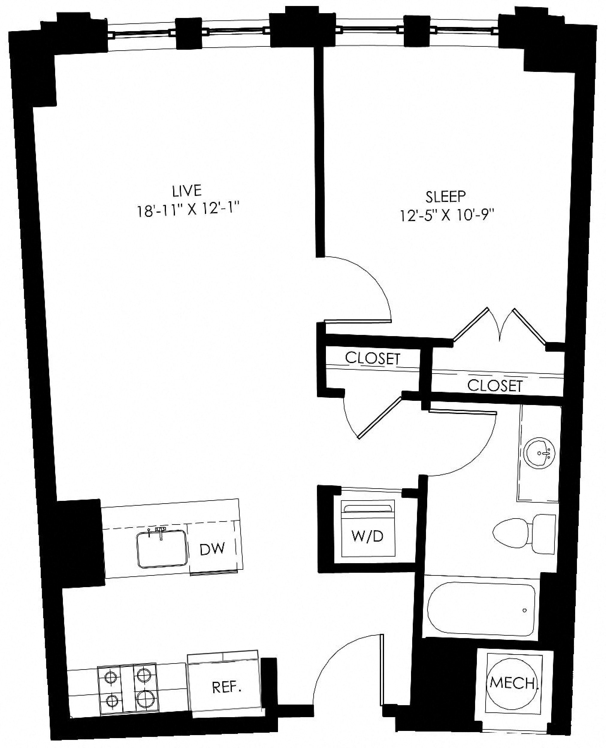 Floor plan for 1 bed, 1 bath, 676 sqft