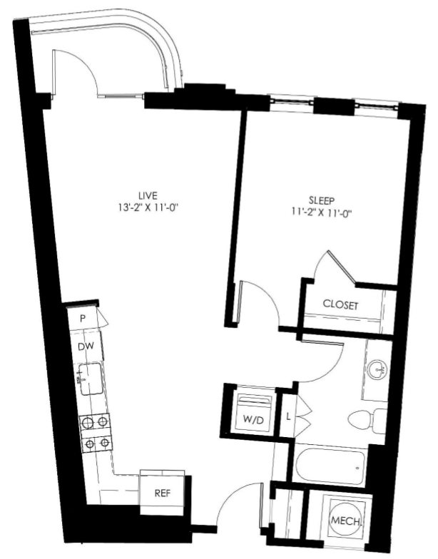 Floor plan for 1 bed, 1 bath, 700 sqft