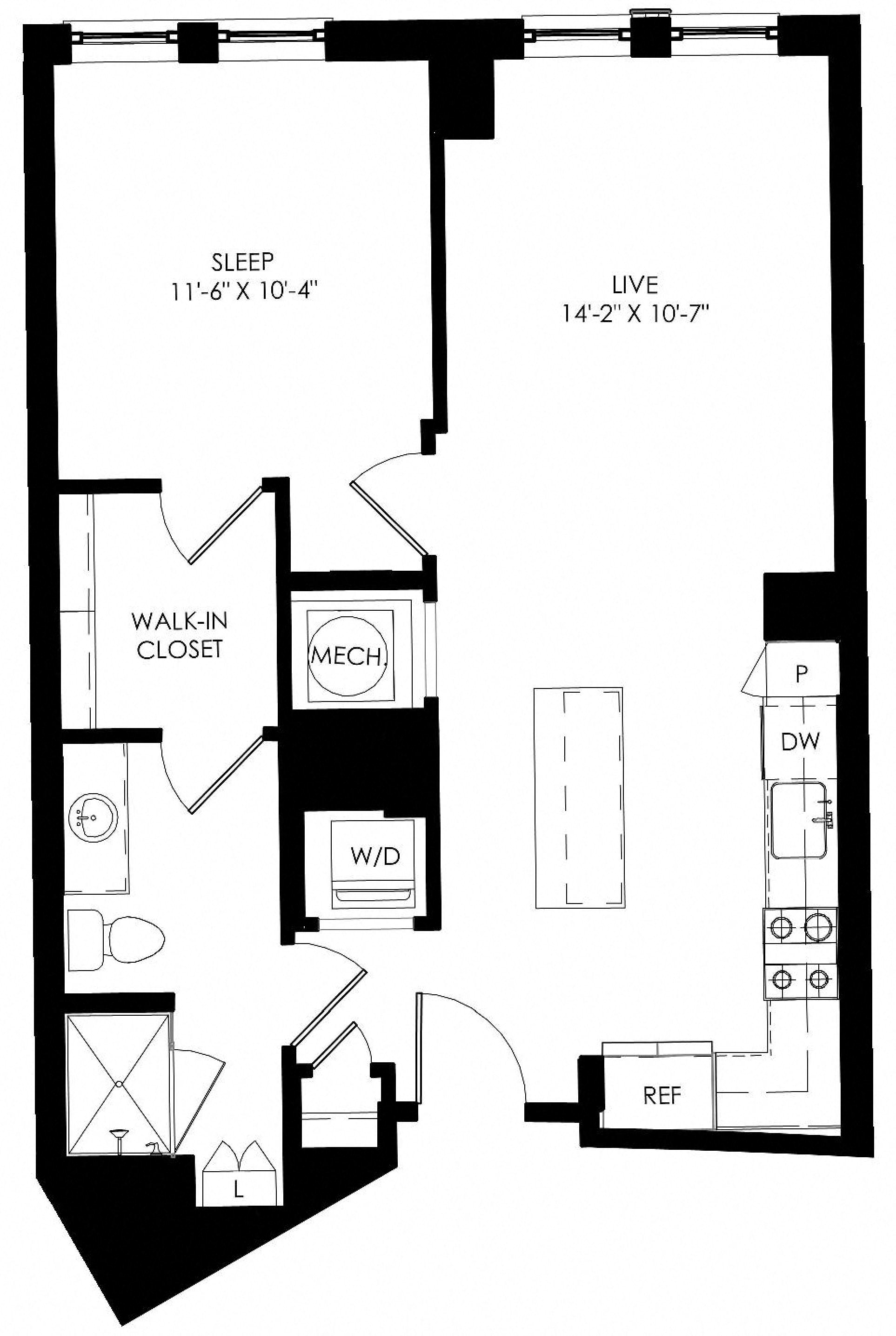 Floor plan for 1 bed, 1 bath, 701 sqft