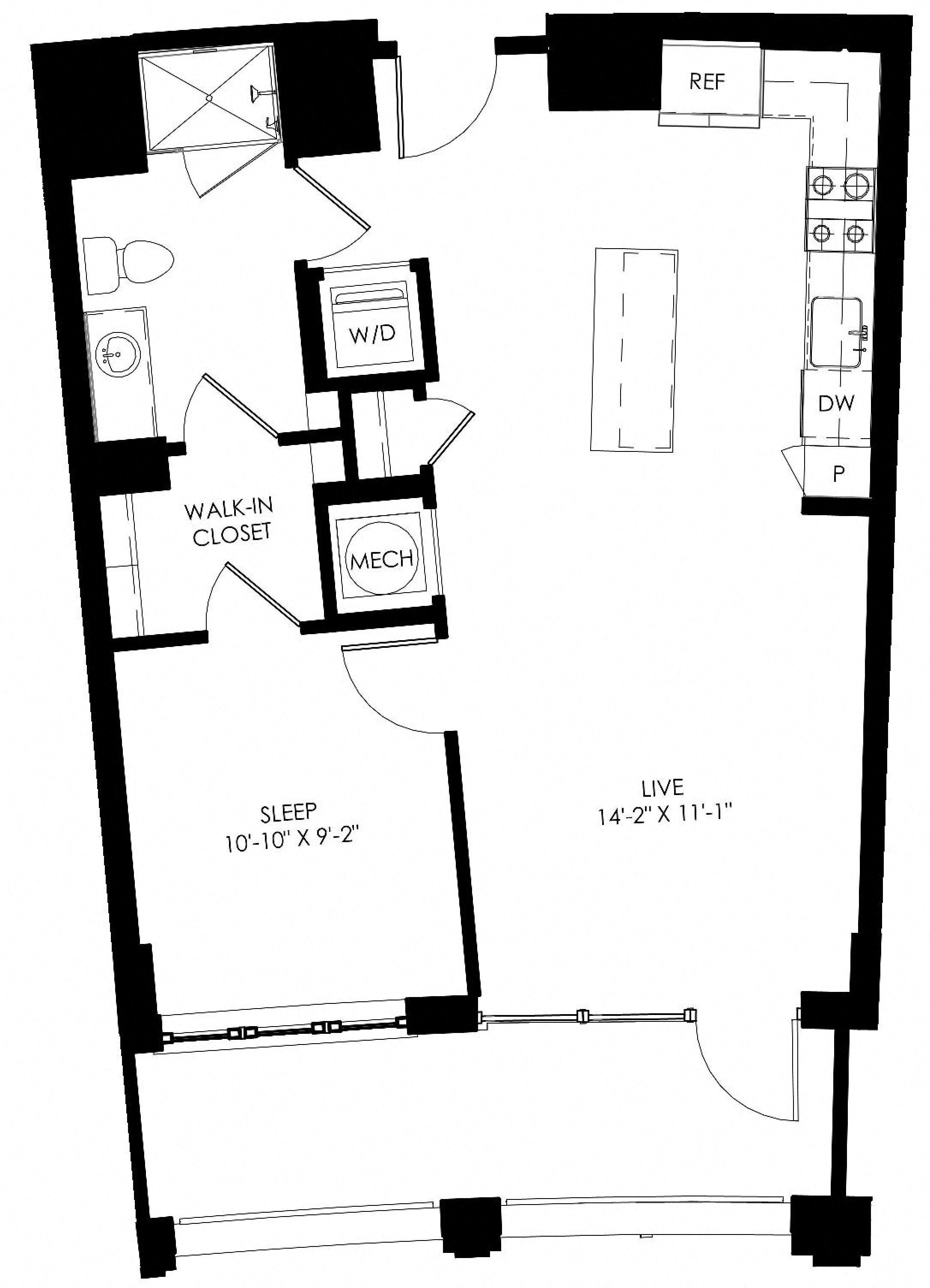 Floor plan for 1 bed, 1 bath, 698 sqft