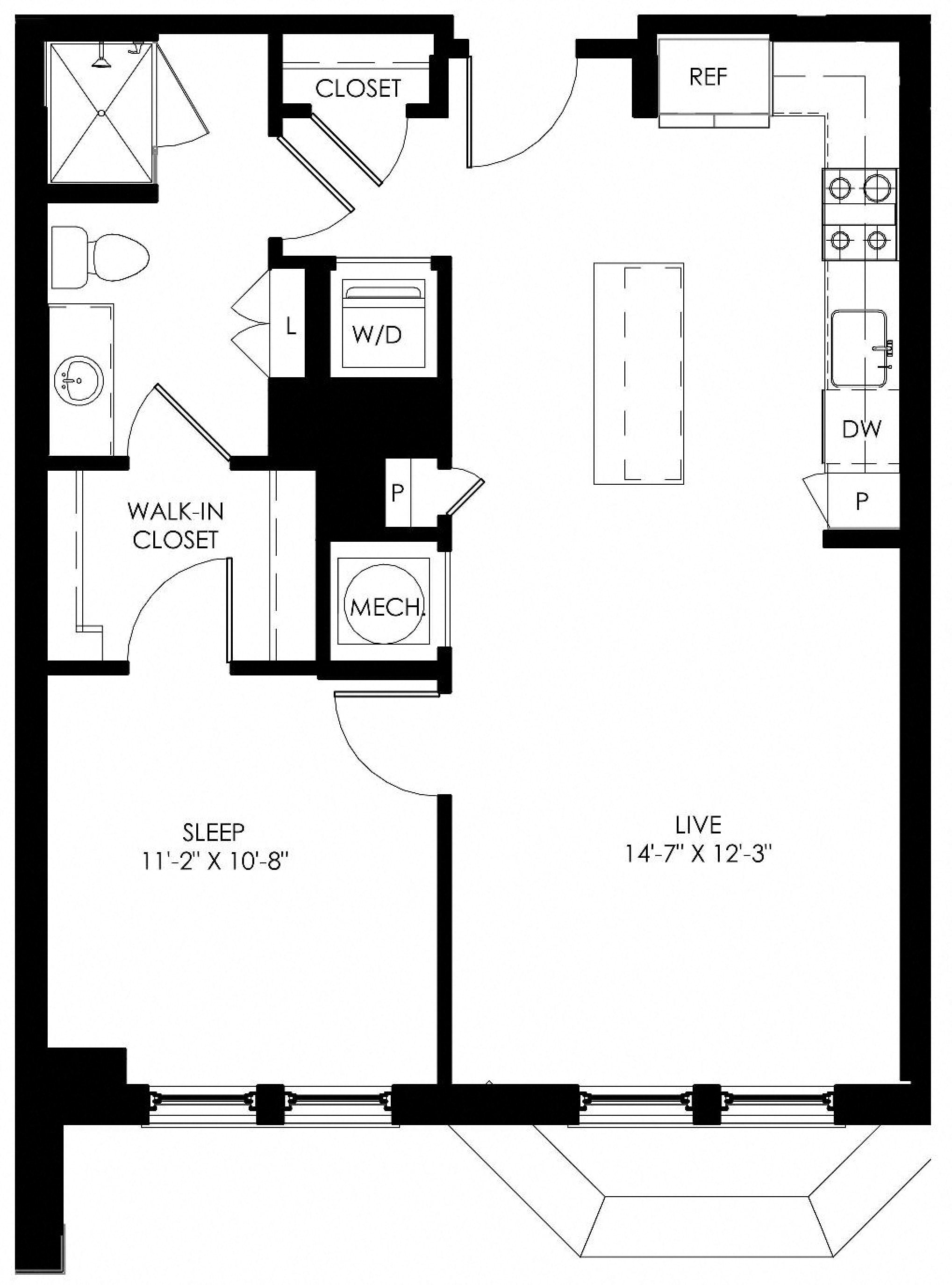 Floor plan for 1 bed, 1 bath, 750 sqft