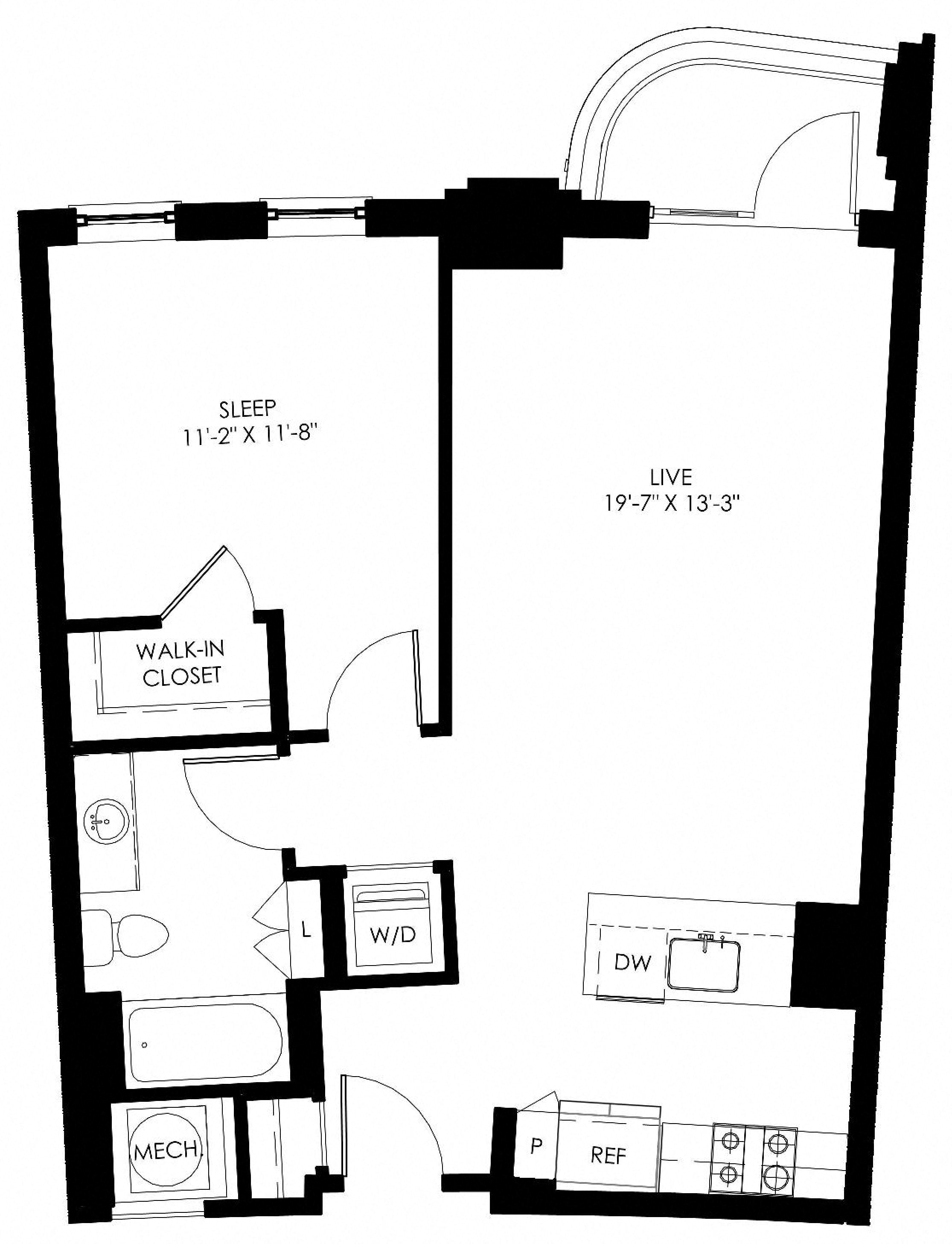 Floor plan for 1 bed, 1 bath, 736 sqft