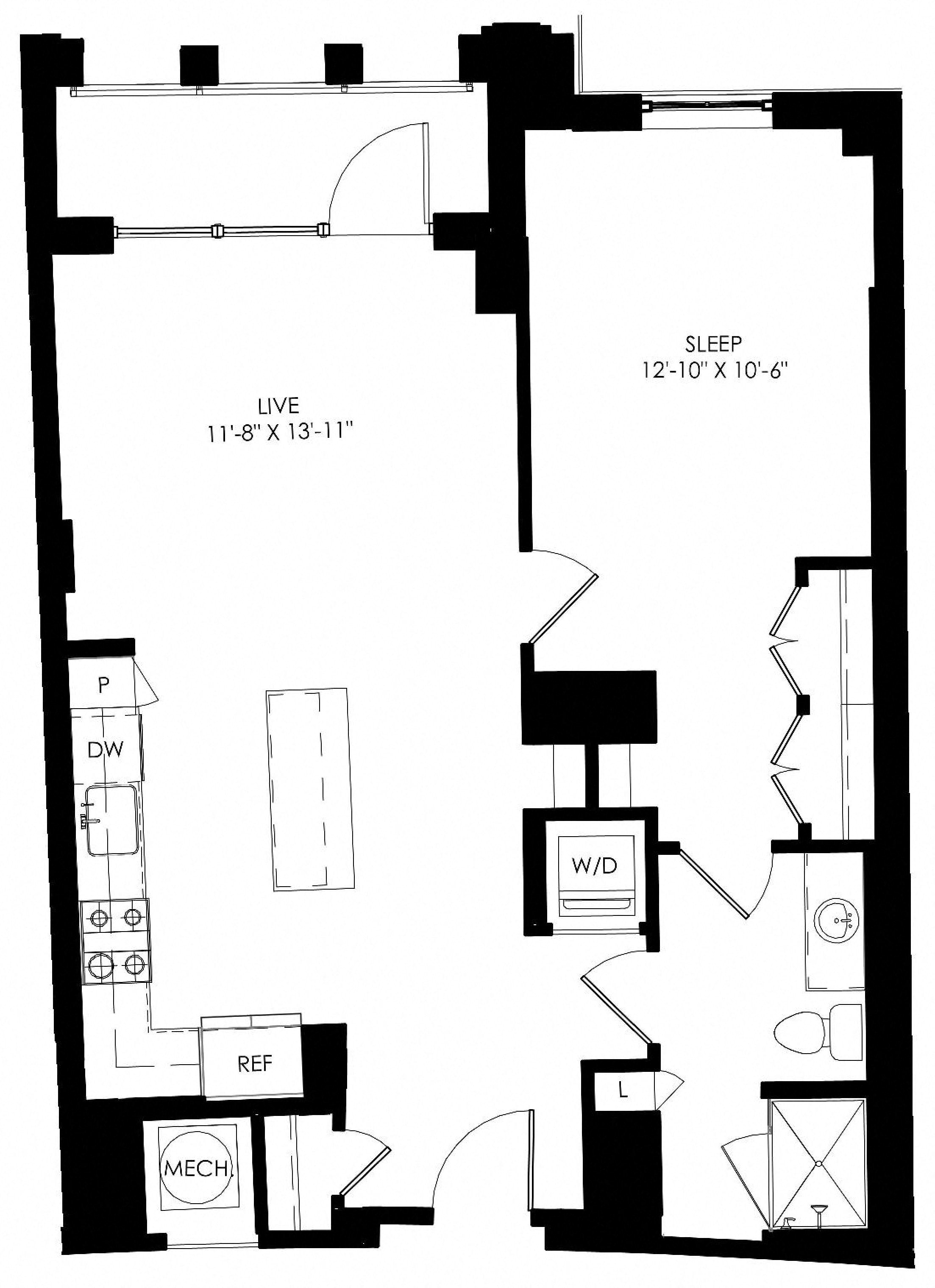 Floor plan for 1 bed, 1 bath, 823 sqft