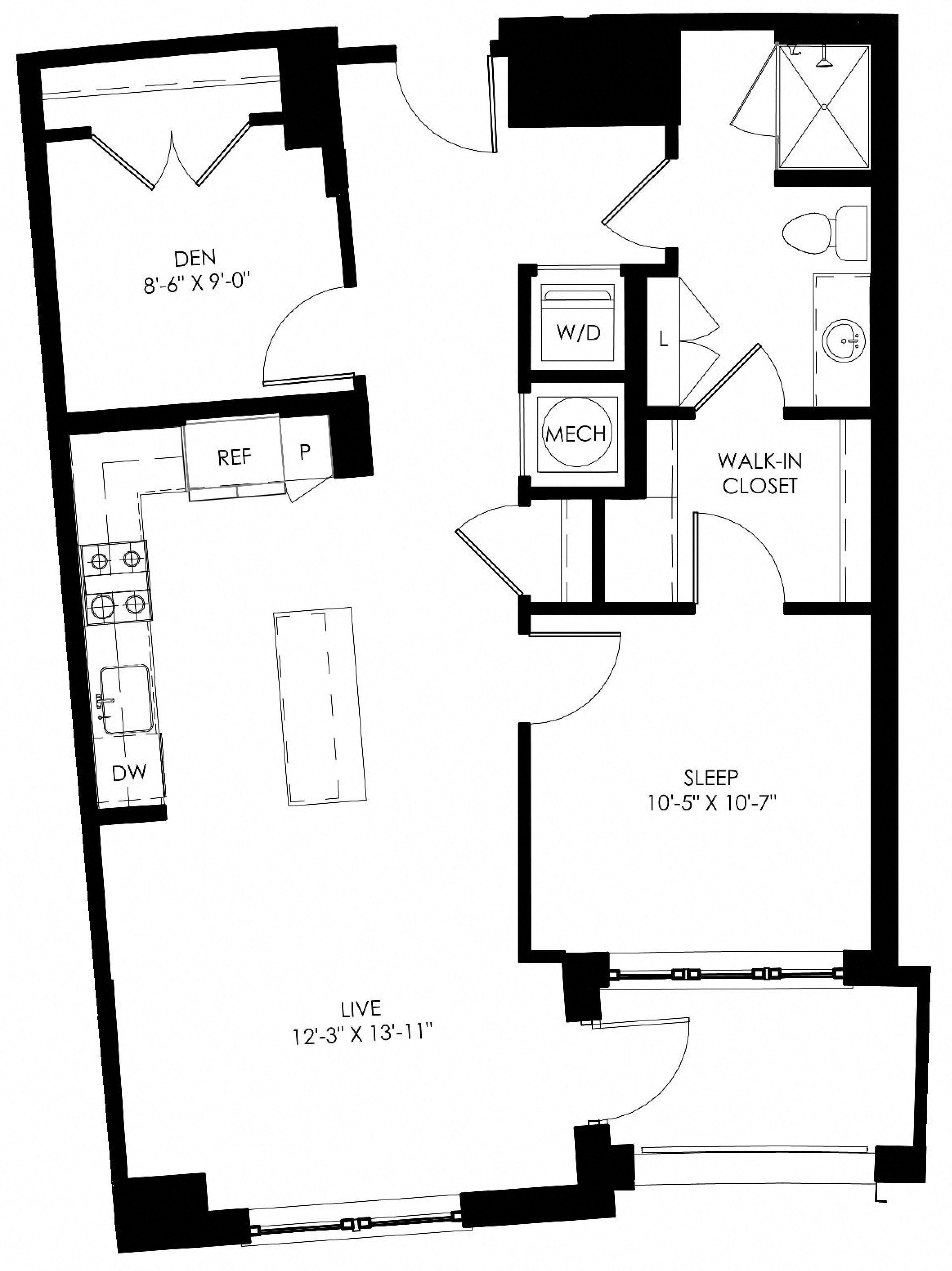 Floor plan for 1 bed, 1 bath, 881 sqft