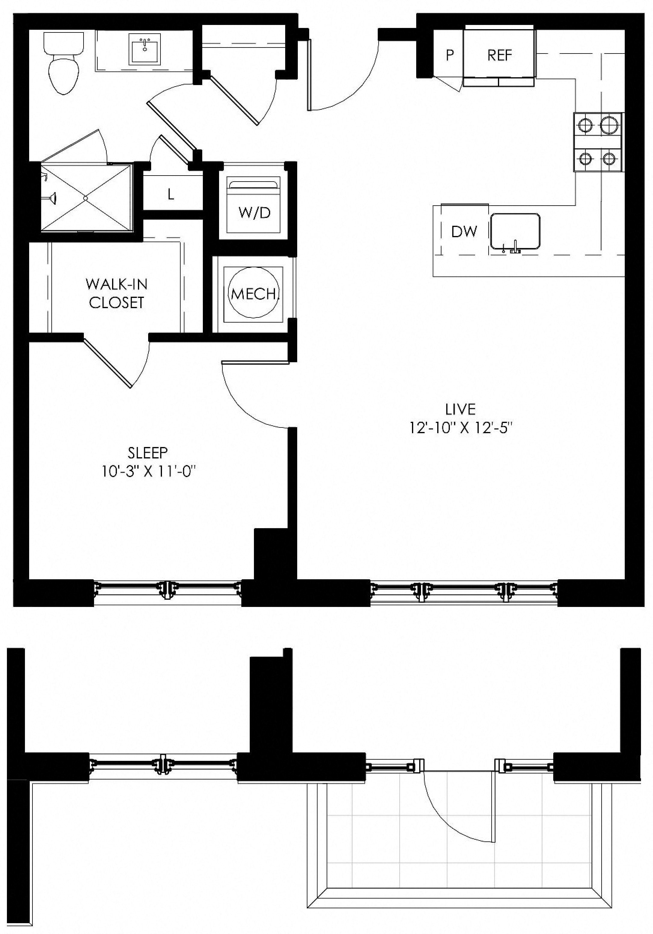 Floor plan for 1 bed, 1 bath, 647 sqft
