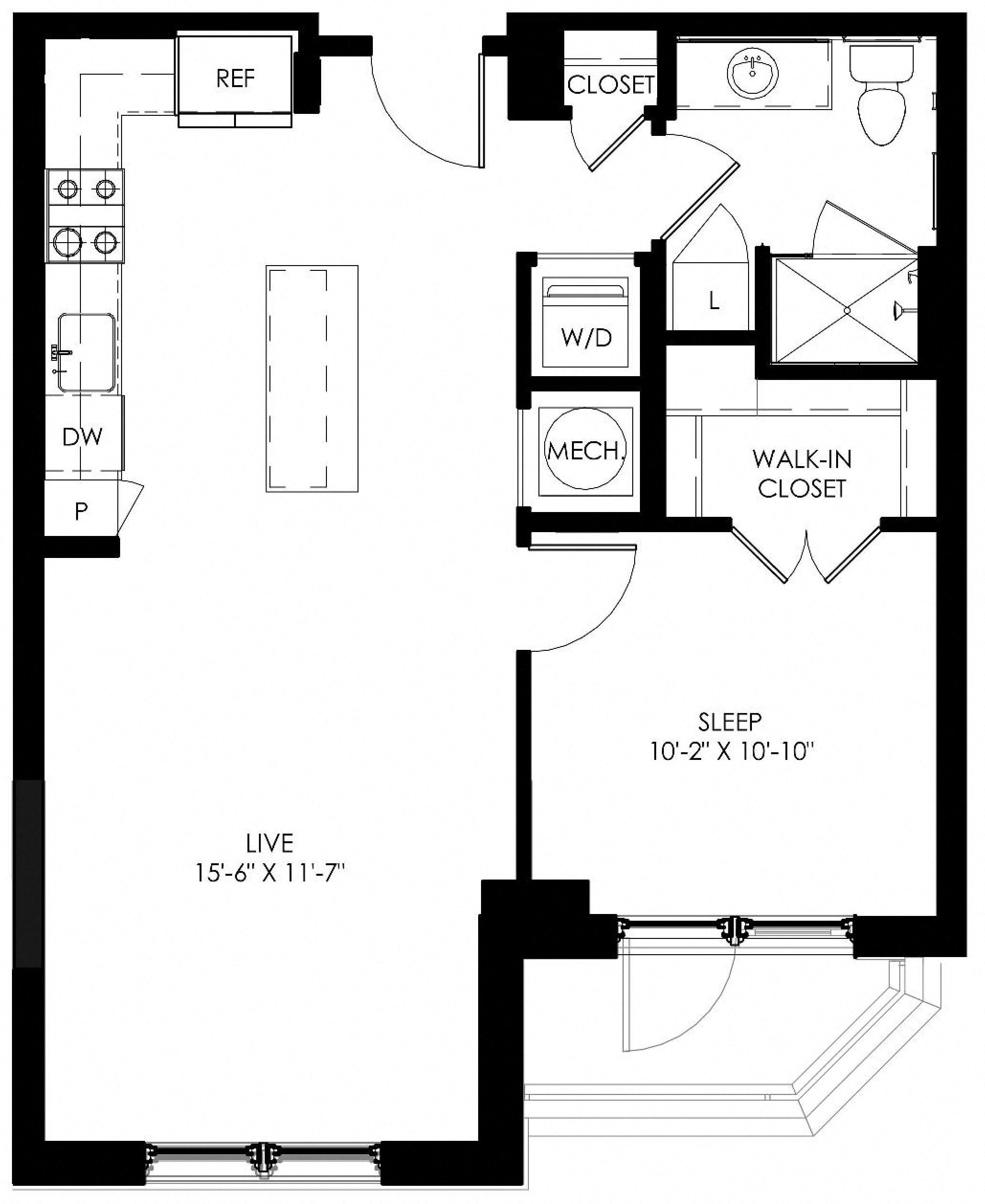 Floor plan for 1 bed, 1 bath, 705 sqft