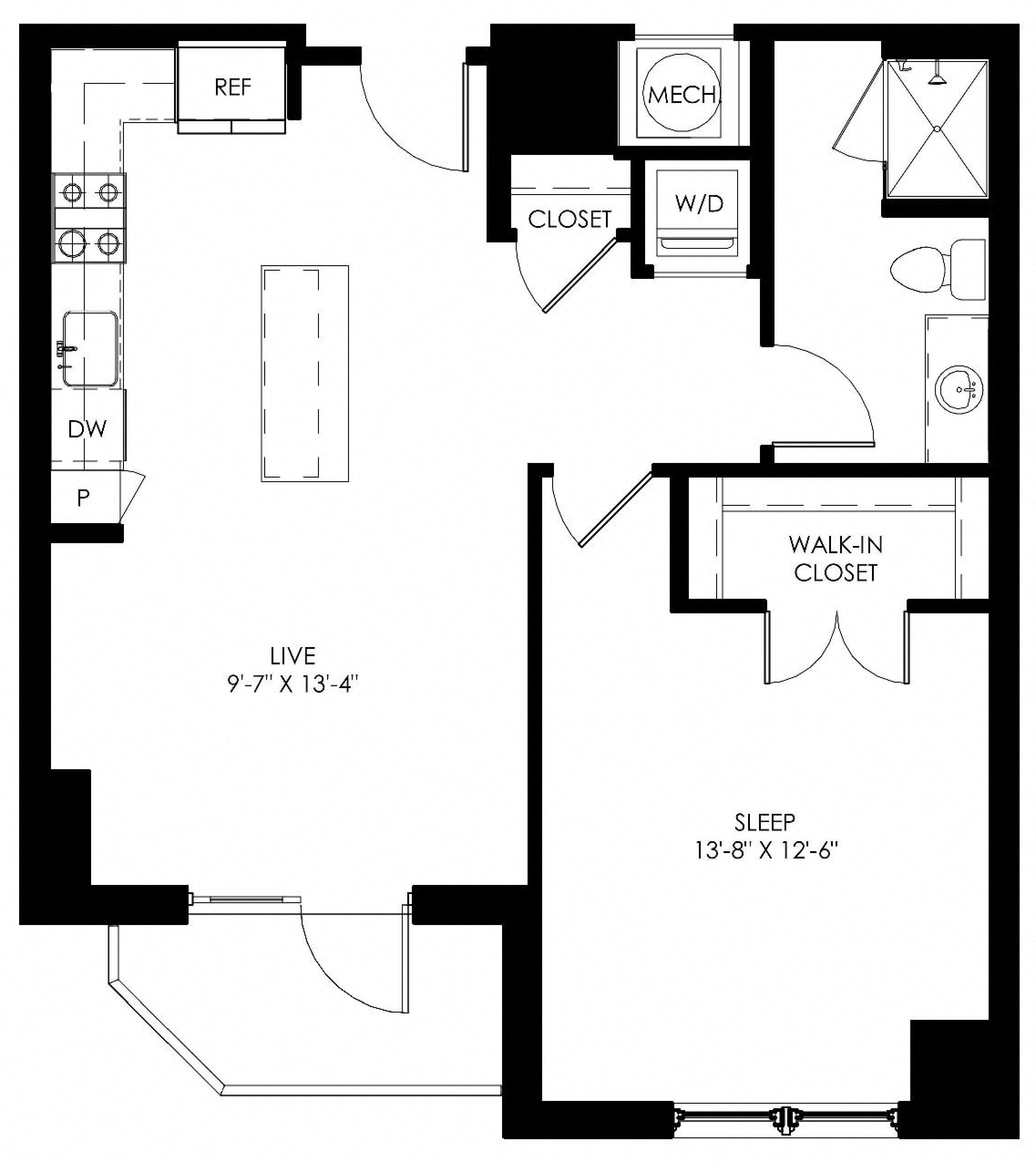 Floor plan for 1 bed, 1 bath, 755 sqft