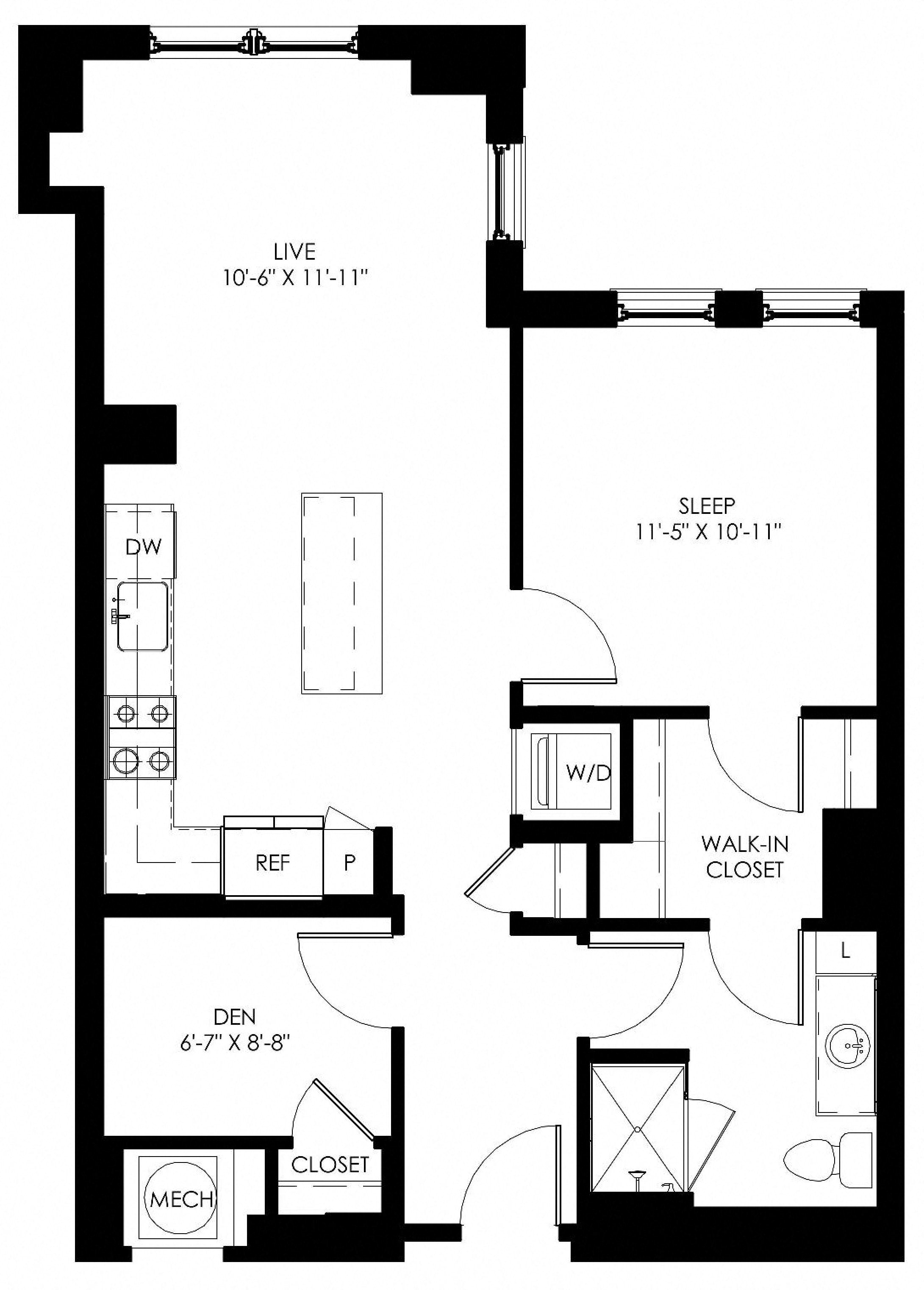 Floor plan for 1 bed, 1 bath, 807 sqft