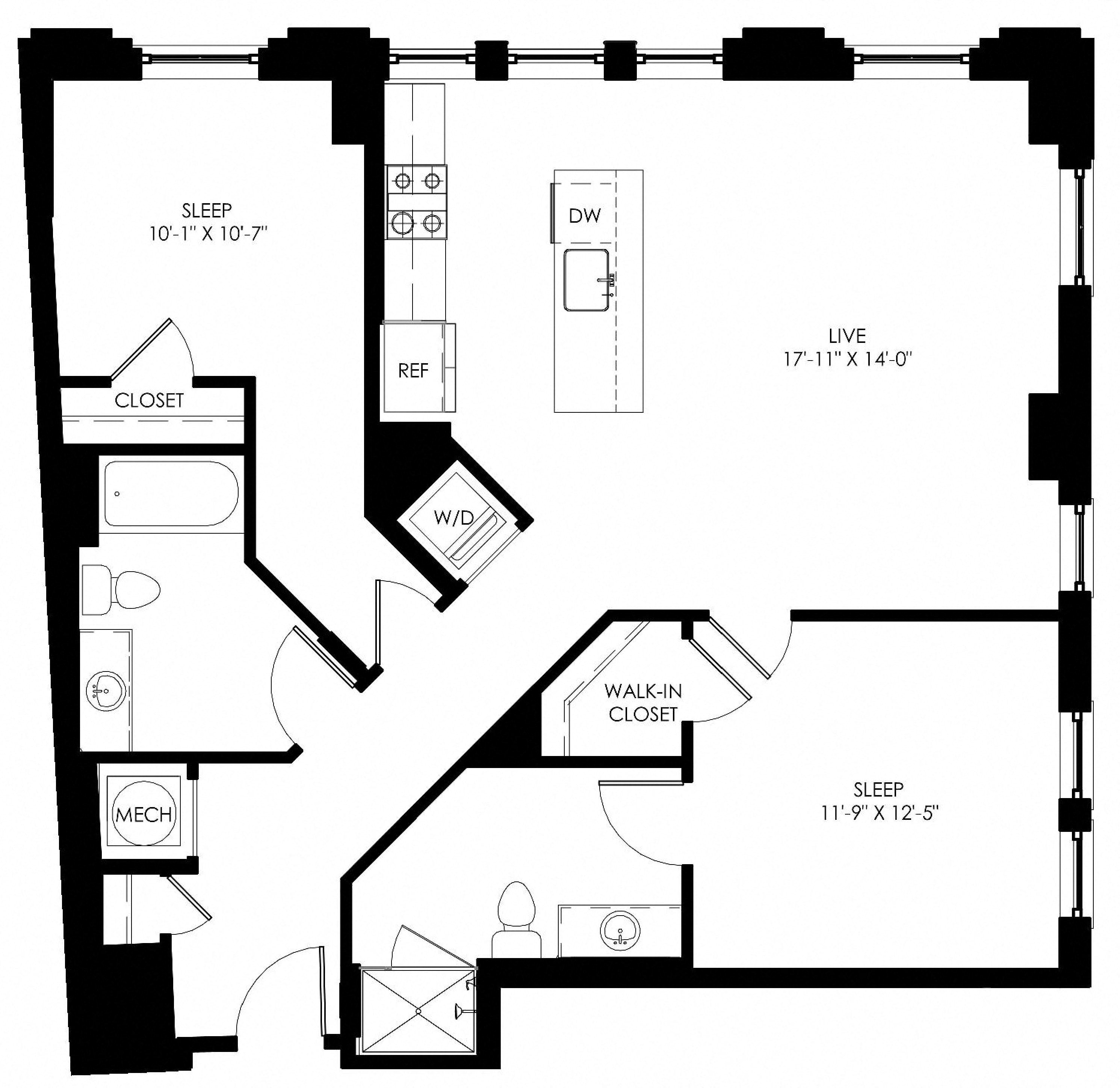 Floor plan for 2 beds, 2 baths, 1139 sqft